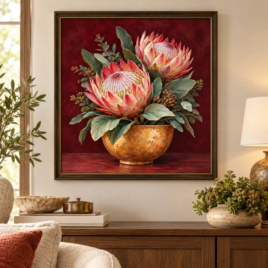 Home decor scene featuring Proteas in an Ochre Vase Diamond Painting Kit