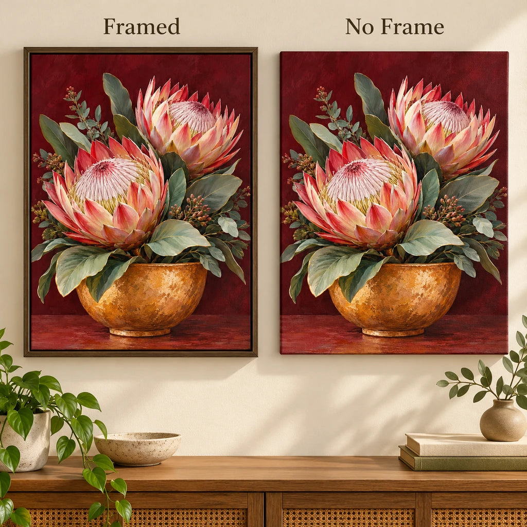 Framed and no-frame comparison for Proteas in an Ochre Vase Diamond Painting Kit