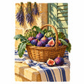 Original design of a basket of purple figs beside a Provence market window with hanging lavender and blue-and-white fabric.