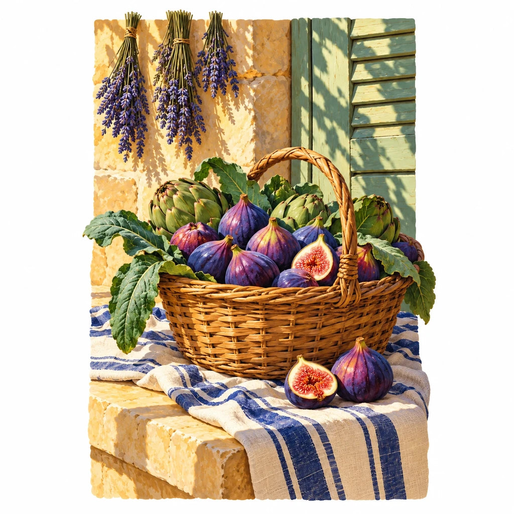Original design of a basket of purple figs beside a Provence market window with hanging lavender and blue-and-white fabric.