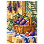 Finished diamond painting of a purple fig market basket in a Provence setting, shown on a white background.