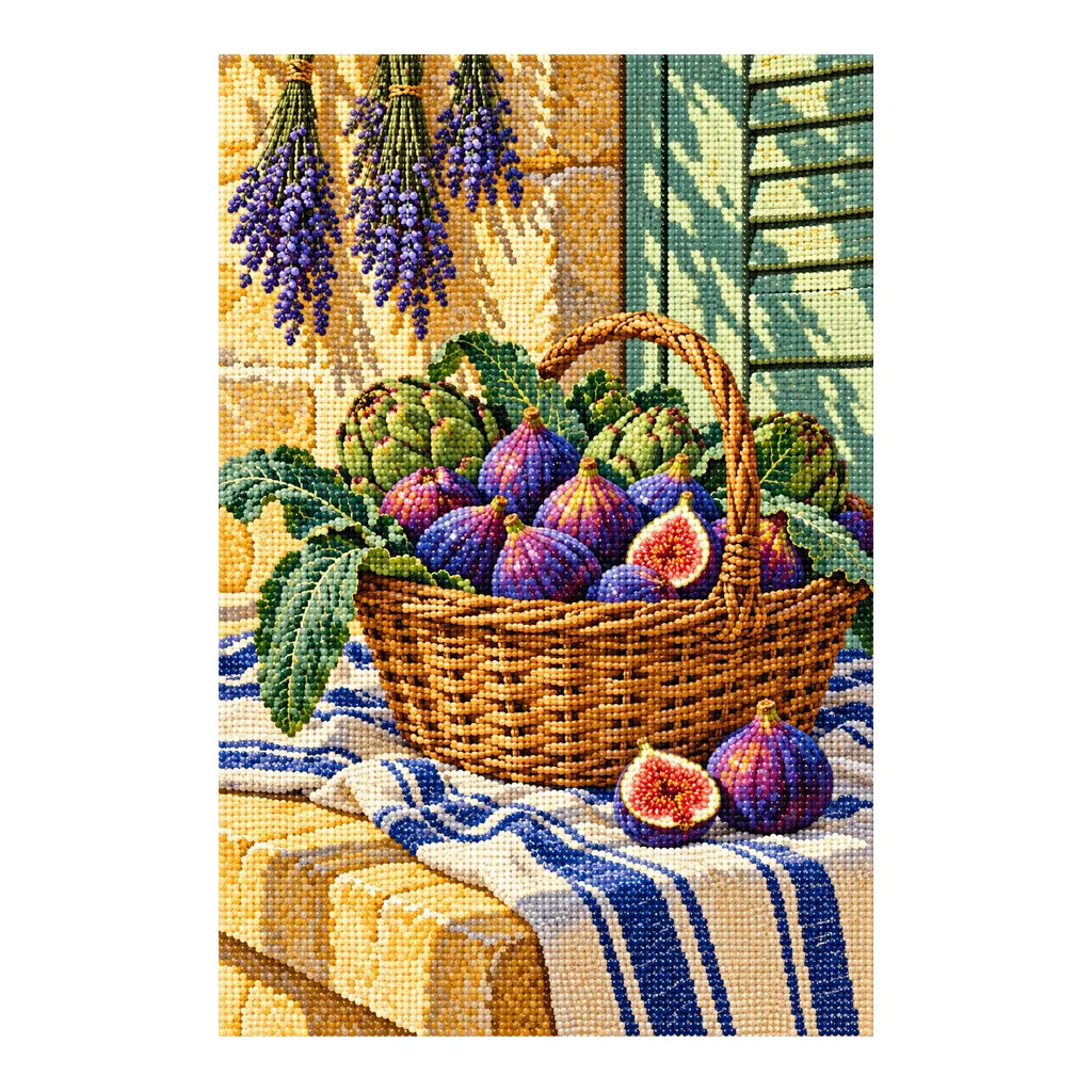 Finished diamond painting of a purple fig market basket in a Provence setting, shown on a white background.