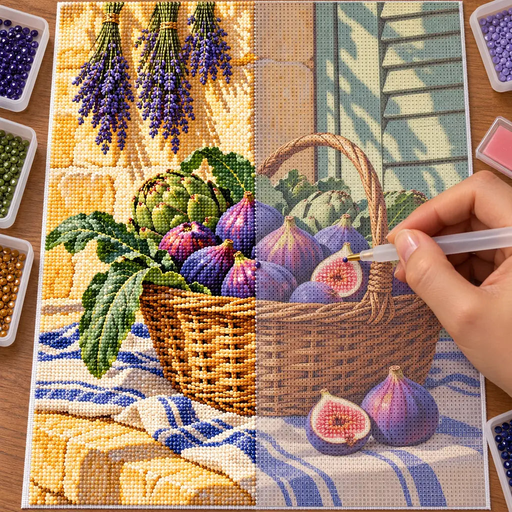 Hand placing diamond drills on the Provence fig market basket diamond painting canvas.
