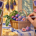 Hand placing diamond drills on the Provence fig market basket diamond painting canvas.