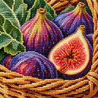 Close-up of sparkling drills forming purple figs and the woven basket.