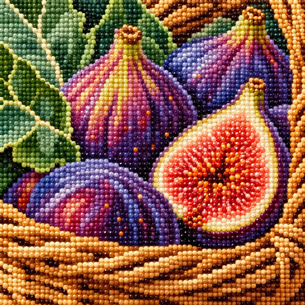 Close-up of sparkling drills forming purple figs and the woven basket.