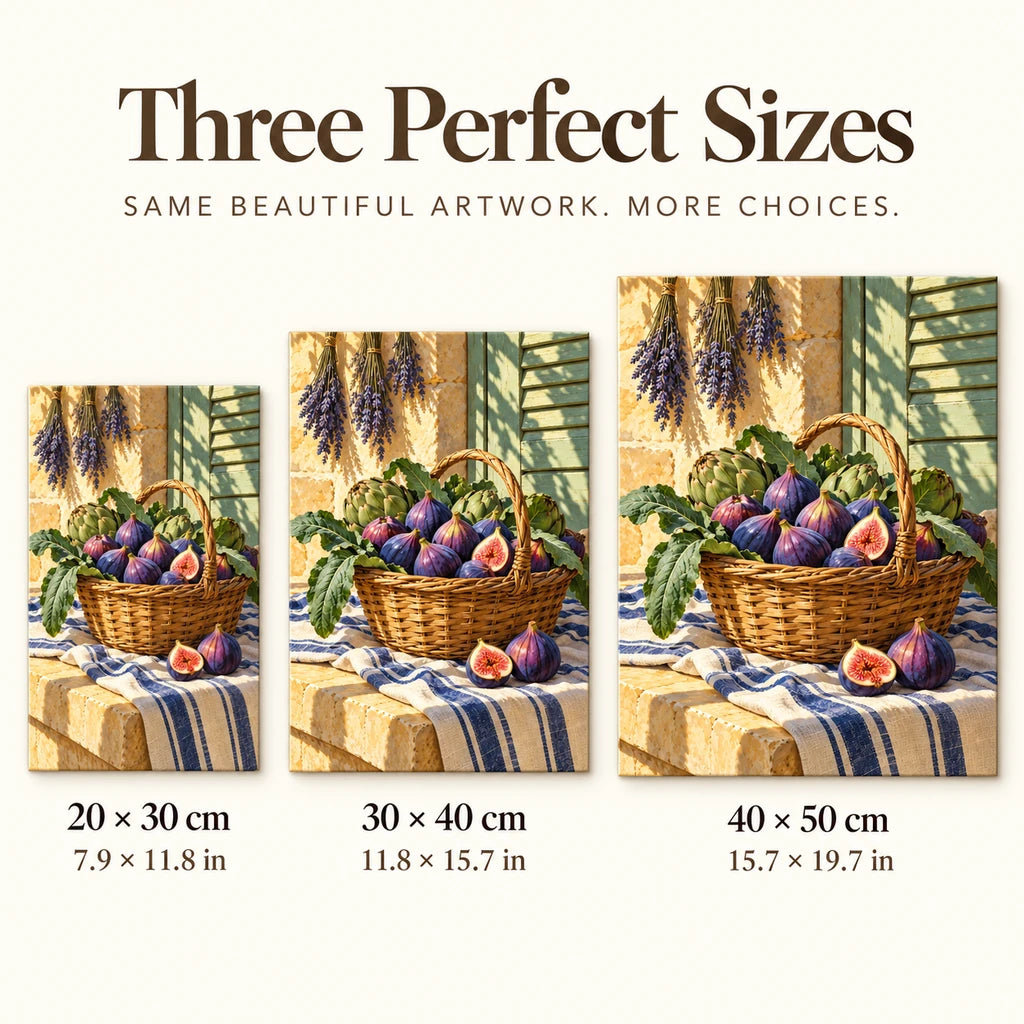 Provence fig market basket diamond painting shown in 20 × 30, 30 × 40, and 40 × 50 cm sizes.