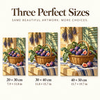 Provence fig market basket diamond painting shown in 20 × 30, 30 × 40, and 40 × 50 cm sizes.