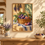 Framed Provence fig market basket diamond painting displayed in a bright home interior.