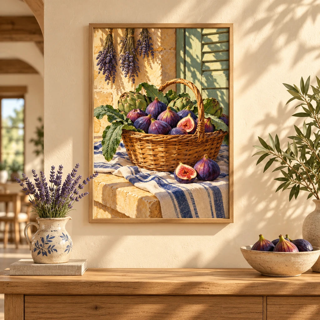 Framed Provence fig market basket diamond painting displayed in a bright home interior.