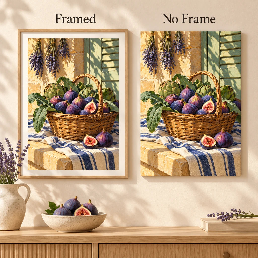 Framed and no-frame style comparison for the Provence fig market basket diamond painting.