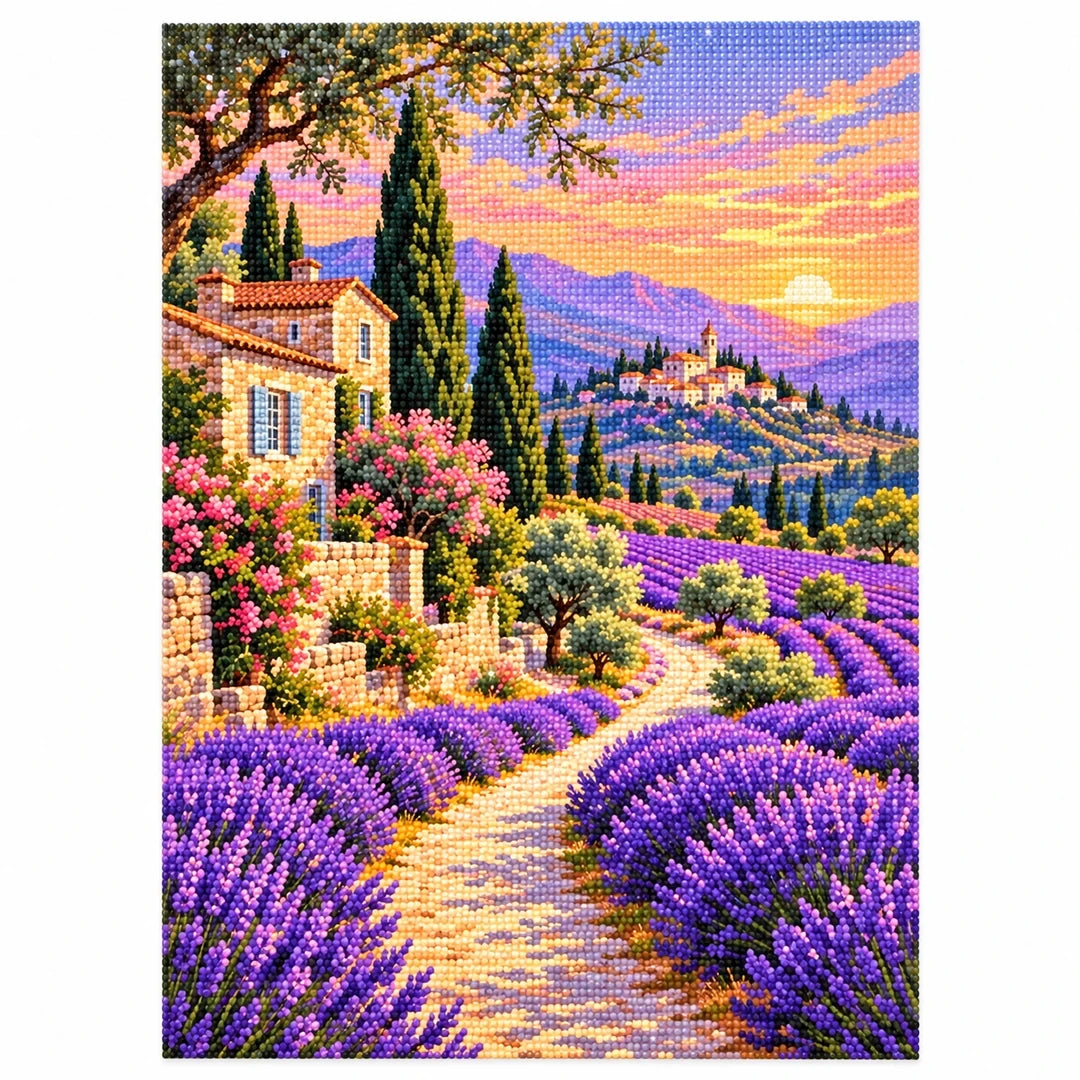 Provence Lavender Cottage finished diamond artwork on white background