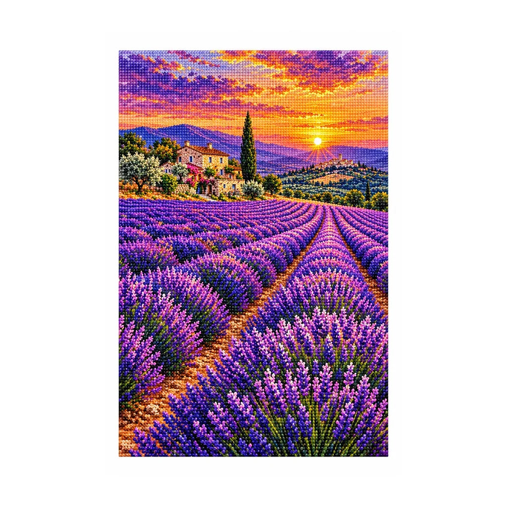 White-background finished diamond painting of Provence Lavender Hills.