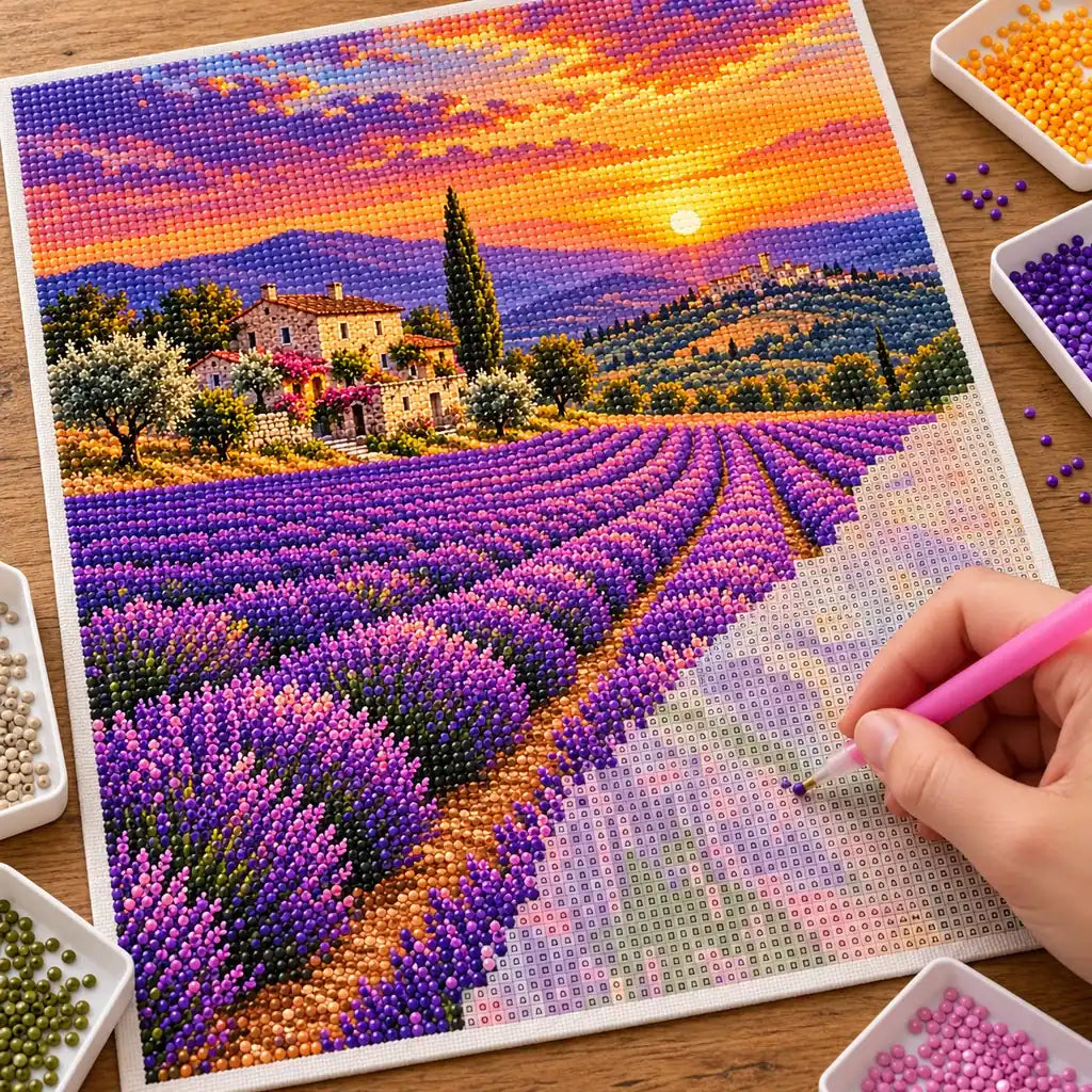 Hands placing diamond drills on the Provence Lavender Hills design.