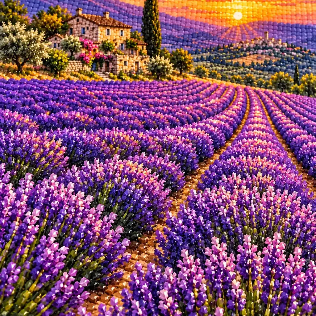 Close-up of drill details in the Provence Lavender Hills diamond painting.