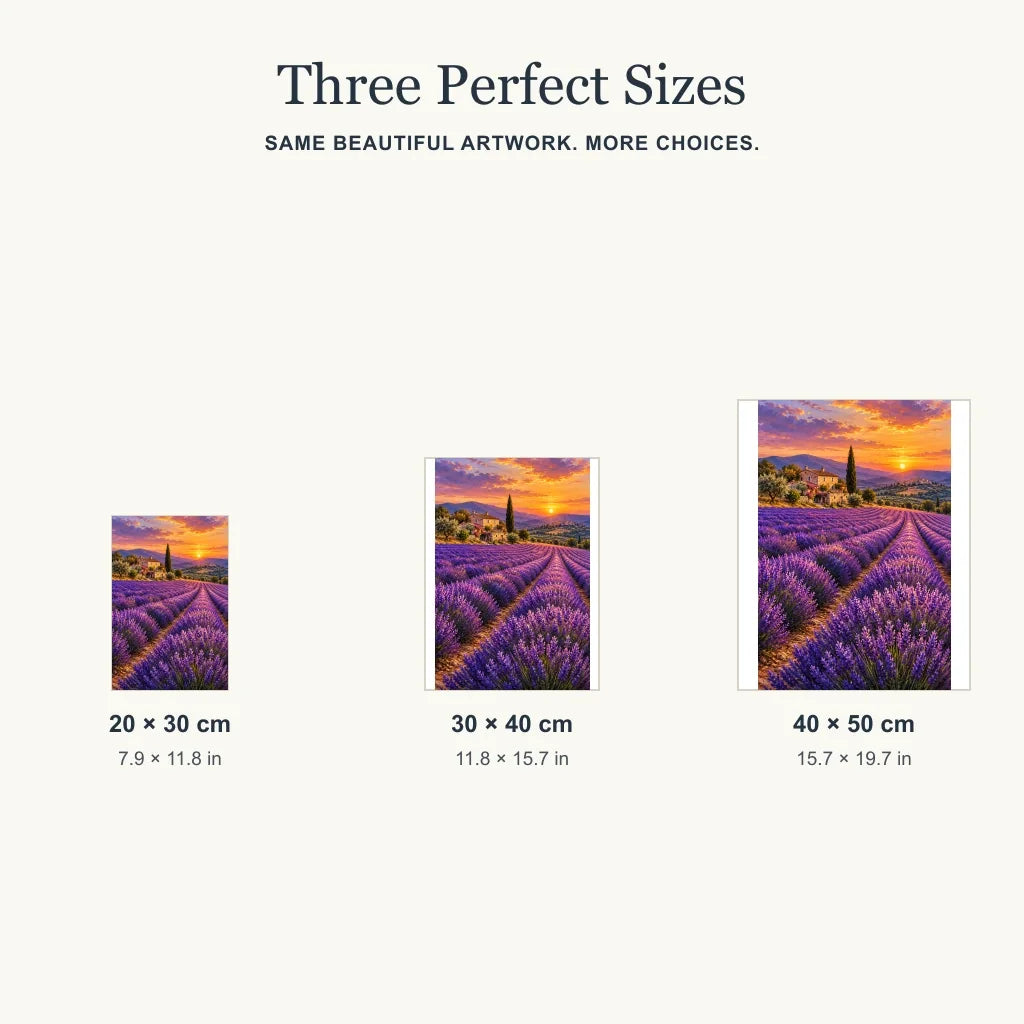 Size guide for Provence Lavender Hills: 20 × 30, 30 × 40, and 40 × 50 cm.