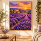 Framed Provence Lavender Hills diamond painting displayed as home decor.