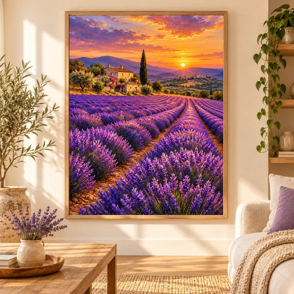 Framed Provence Lavender Hills diamond painting displayed as home decor.