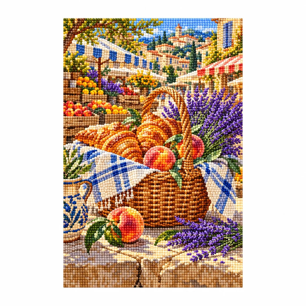 White-background finished diamond painting of Provence Market Pastries.