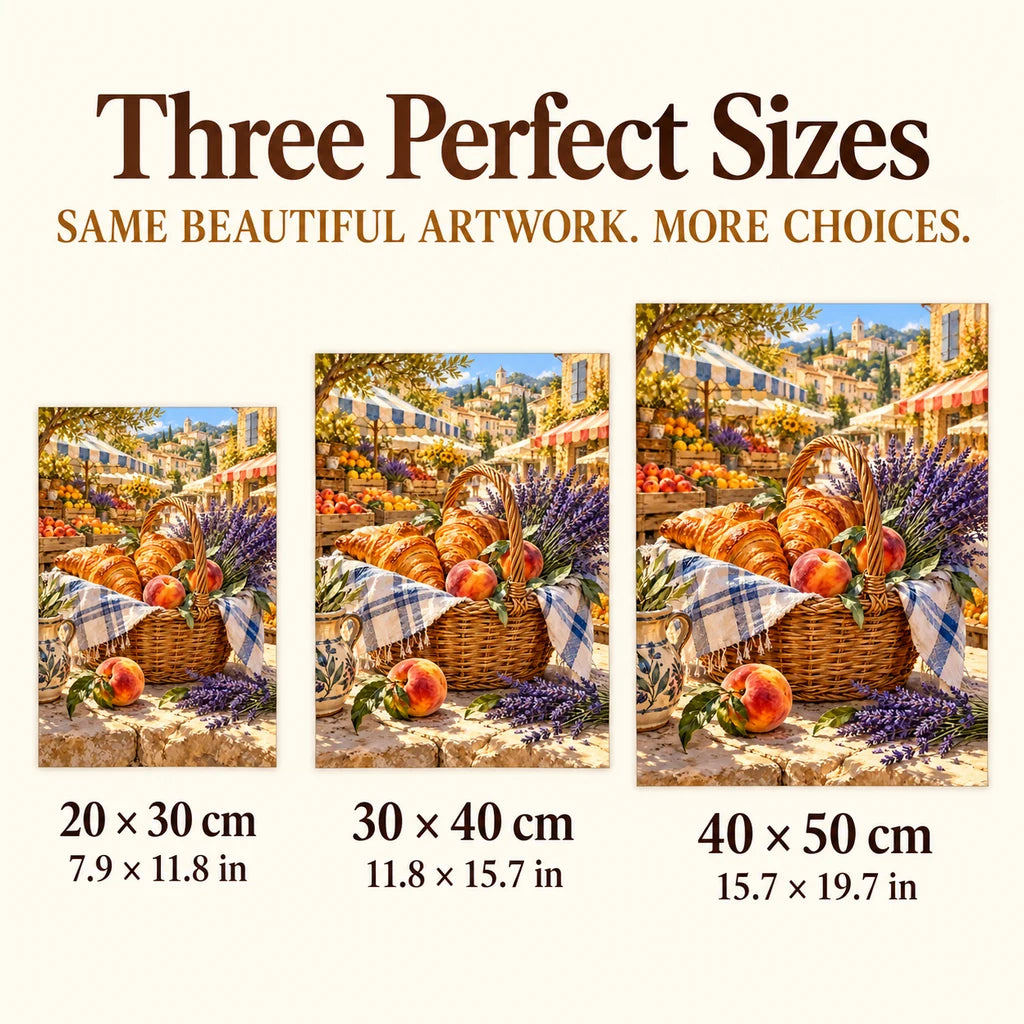 Size guide for Provence Market Pastries: 20 × 30, 30 × 40, and 40 × 50 cm.