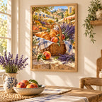 Framed Provence Market Pastries diamond painting displayed as home decor.