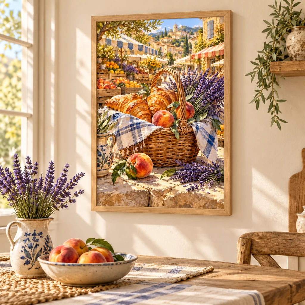 Framed Provence Market Pastries diamond painting displayed as home decor.