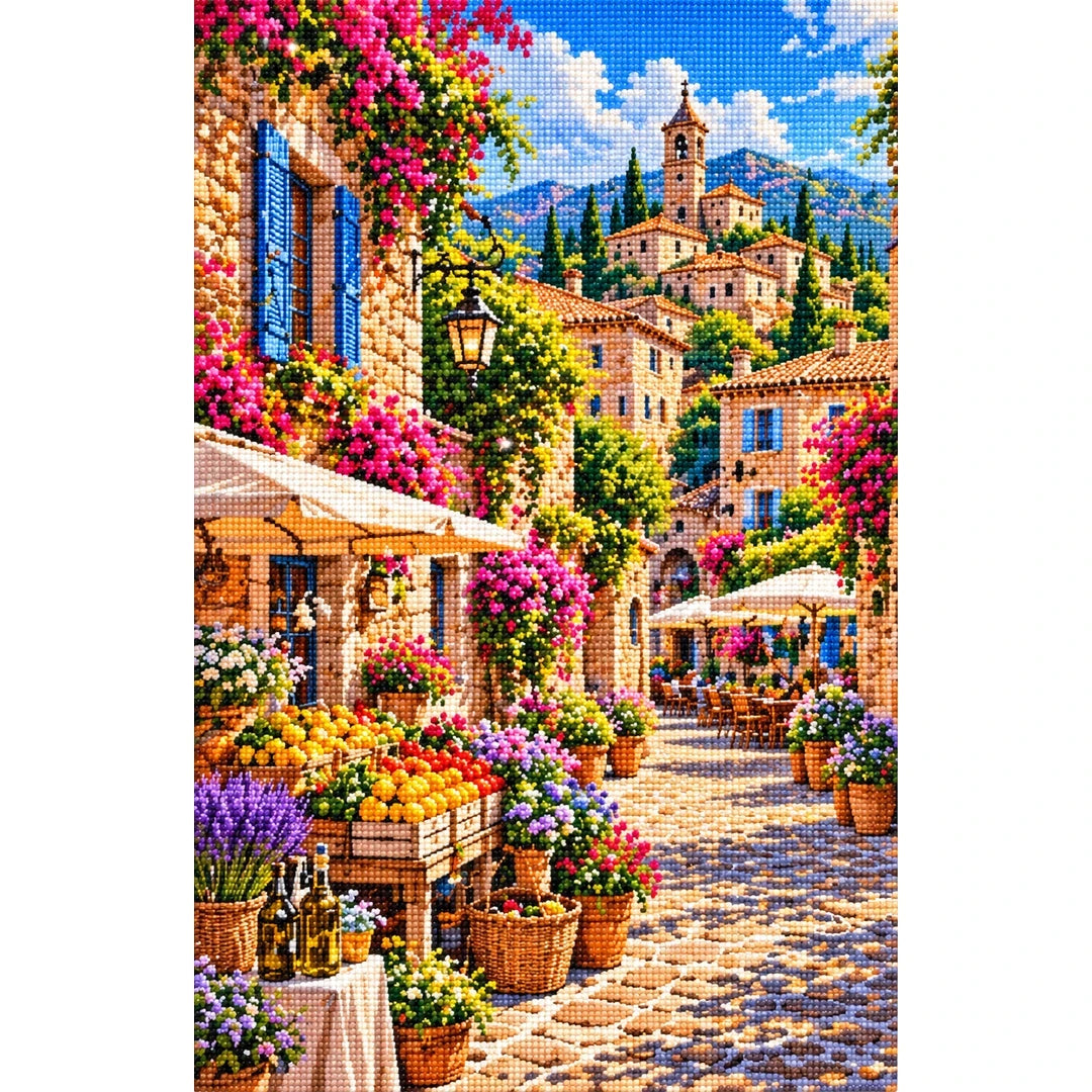 Provence Stone Village Market finished diamond painting on white