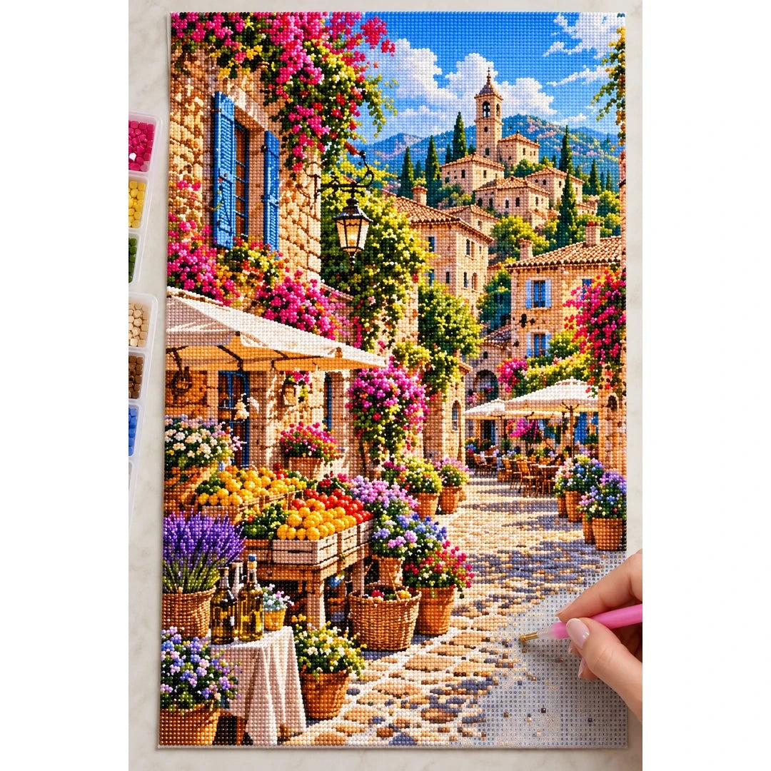 Provence Stone Village Market diamond painting process