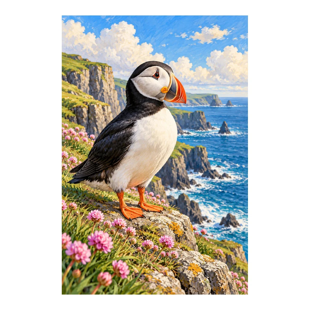 Original puffin artwork standing among flowers on a coastal cliff