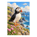 Original puffin artwork standing among flowers on a coastal cliff