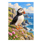 Original puffin artwork standing among flowers on a coastal cliff
