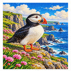 Completed diamond painting of a puffin among cliffside flowers on a white background