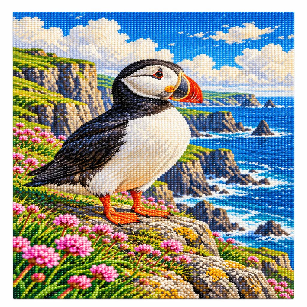Completed diamond painting of a puffin among cliffside flowers on a white background