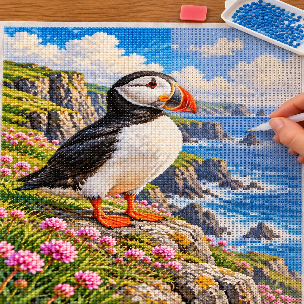 Hands placing drills on the puffin cliffside flowers diamond painting canvas