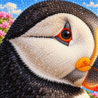 Close-up of colorful diamond drills on the puffin artwork