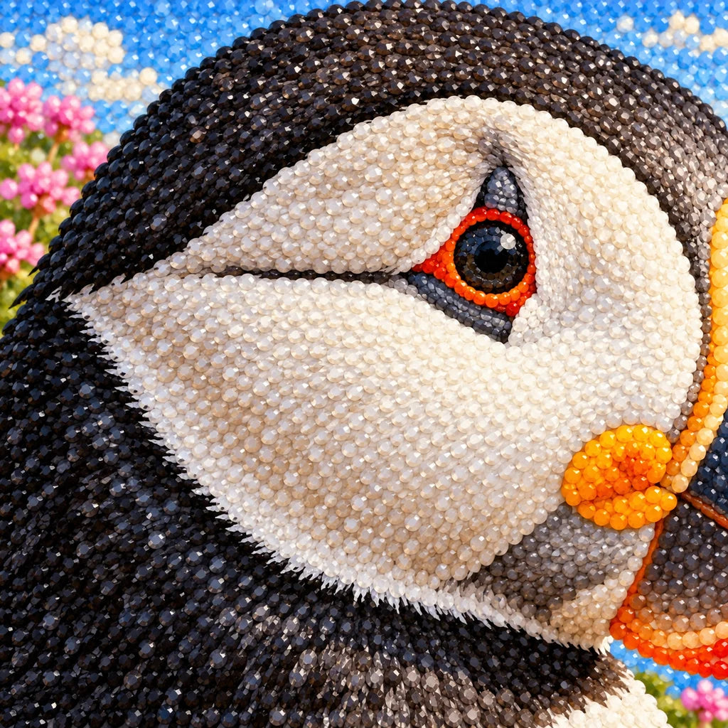 Close-up of colorful diamond drills on the puffin artwork
