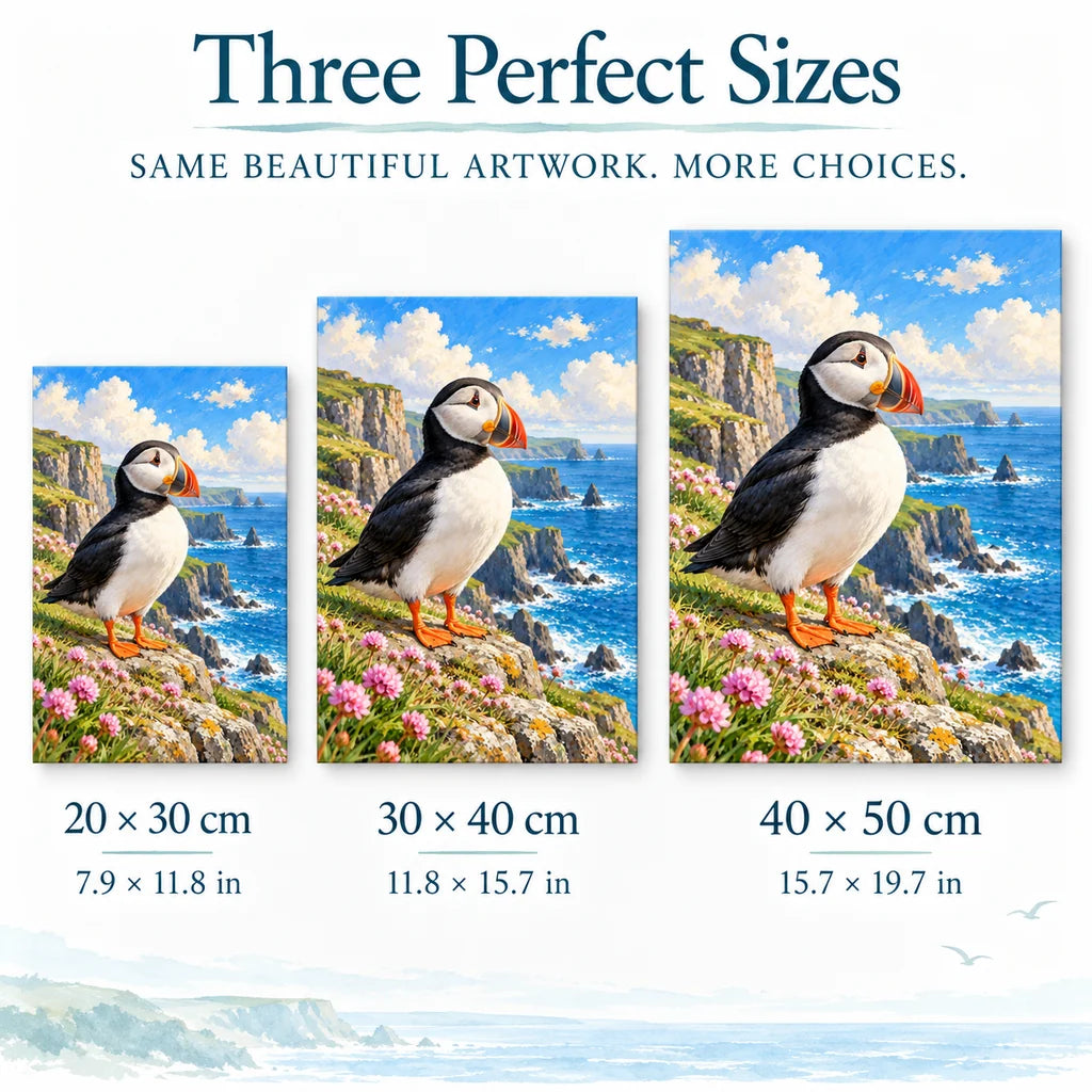 Three size options for the puffin cliffside flowers diamond painting: 20 × 30, 30 × 40, and 40 × 50 cm