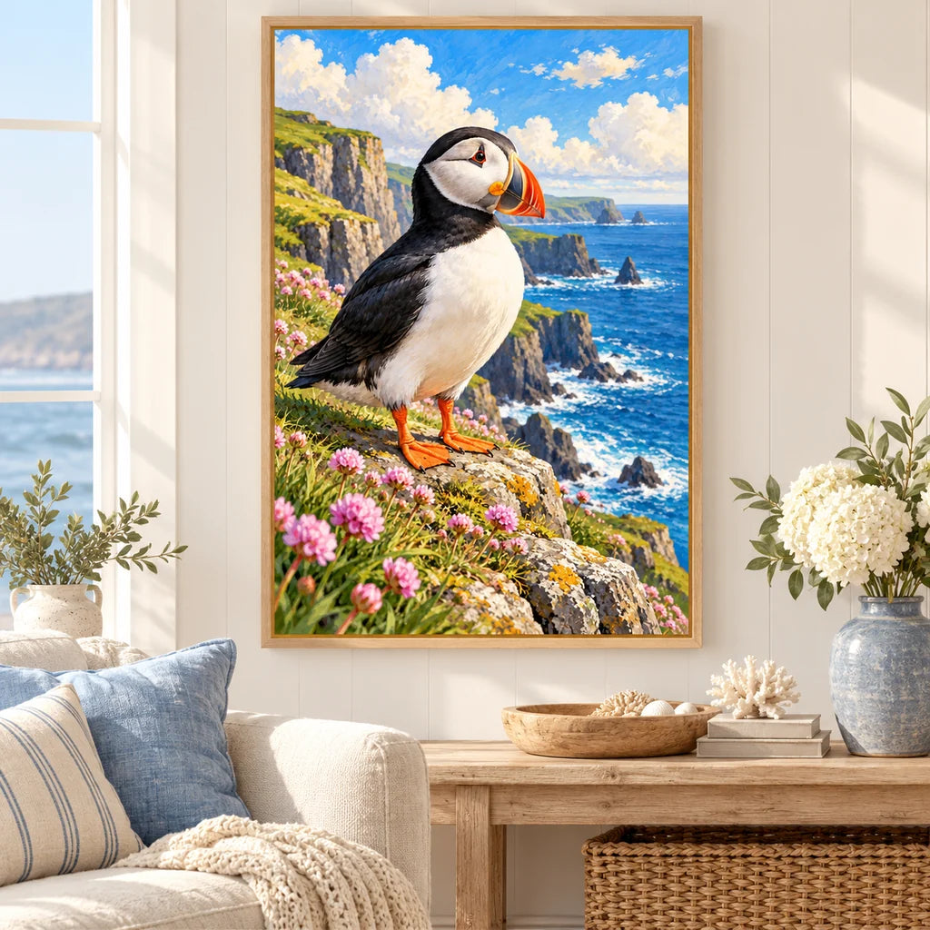 Framed puffin cliffside flowers diamond painting displayed in a bright home