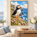 Framed puffin cliffside flowers diamond painting displayed in a bright home