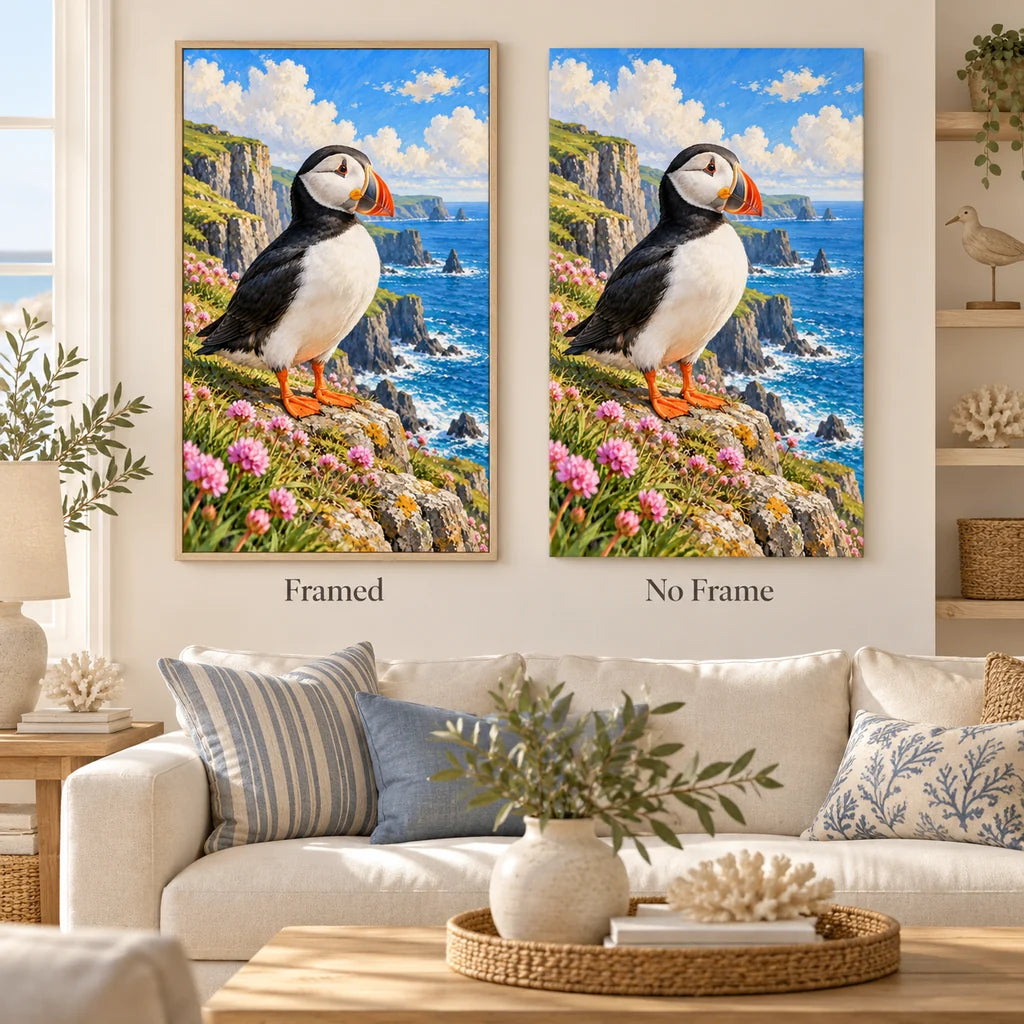 Framed and no-frame options for the puffin cliffside flowers diamond painting