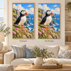 Framed and no-frame options for the puffin cliffside flowers diamond painting