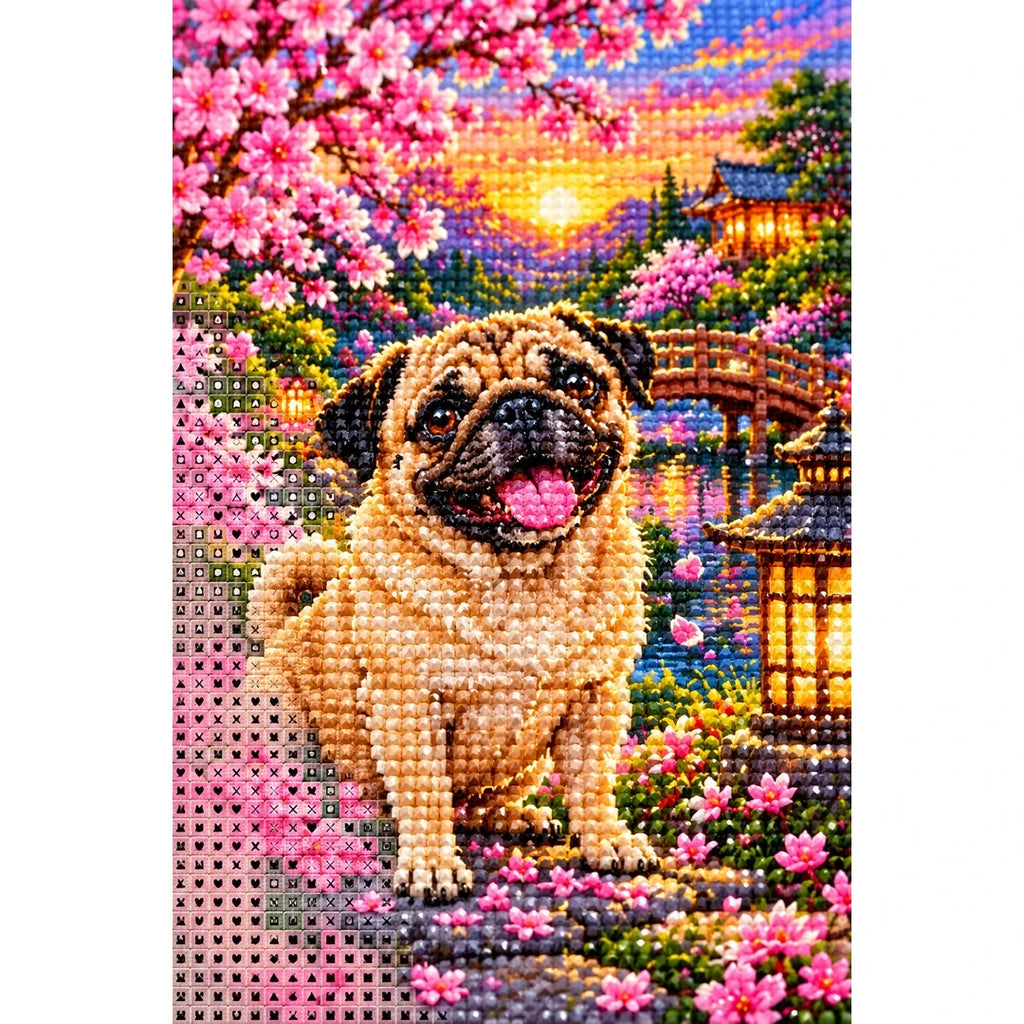 Pug Cherry Blossom Lantern Garden Diamond Painting Kit — canvas and drill material detail