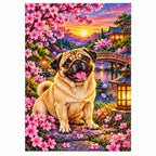 Pug Cherry Blossom Lantern Garden Diamond Painting Kit — finished diamond painting on white background