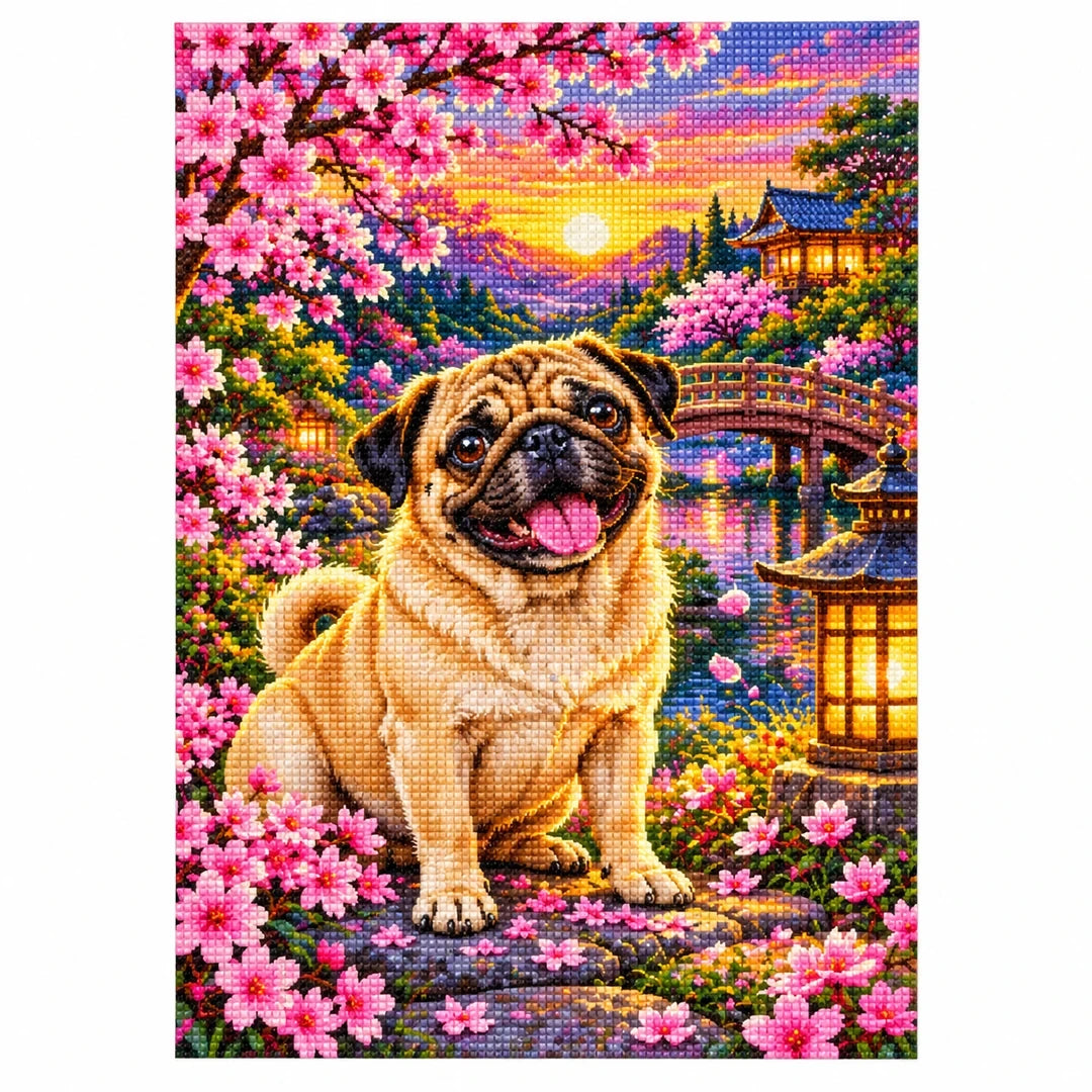 Pug Cherry Blossom Lantern Garden Diamond Painting Kit — finished diamond painting on white background