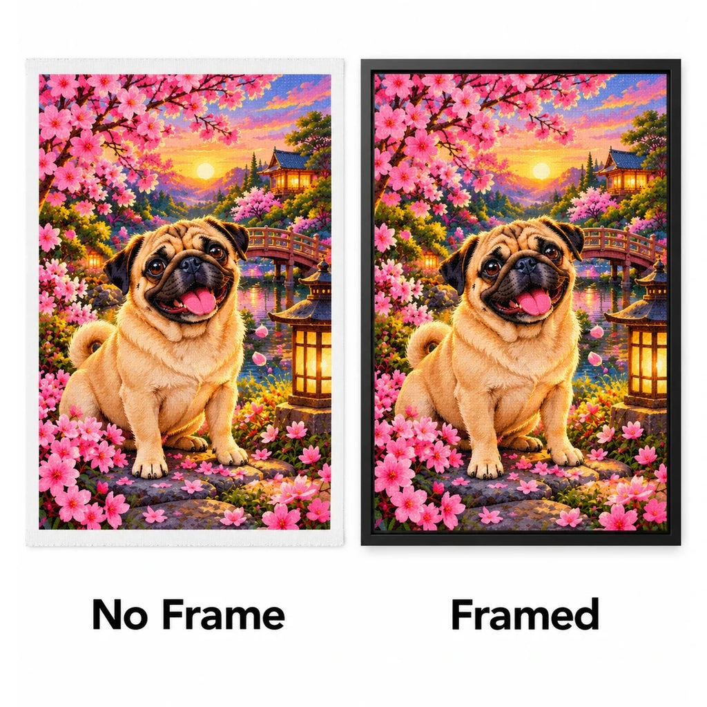 Pug Cherry Blossom Lantern Garden Diamond Painting Kit — No Frame and Framed style comparison