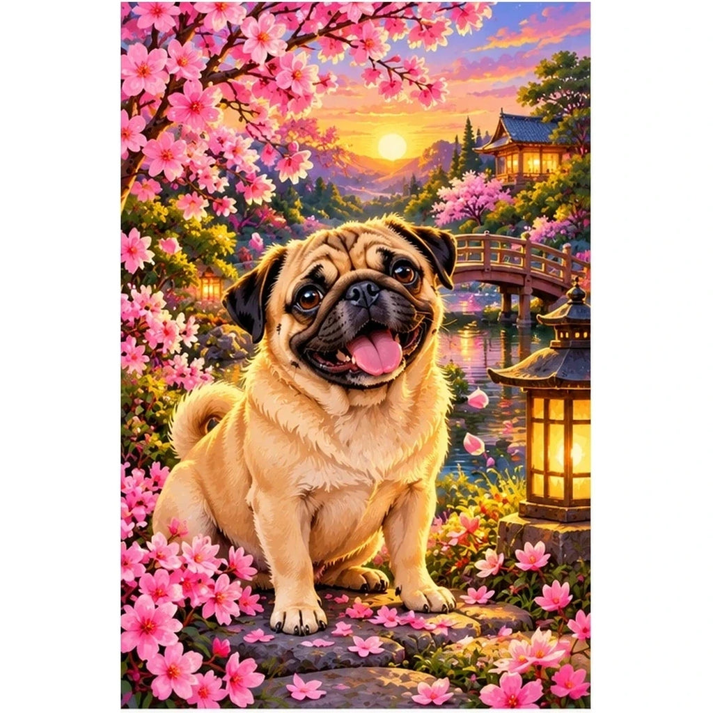 Pug Cherry Blossom Lantern Garden Diamond Painting Kit — original white-background artwork