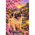 Pug Cherry Blossom Lantern Garden Diamond Painting Kit — original white-background artwork