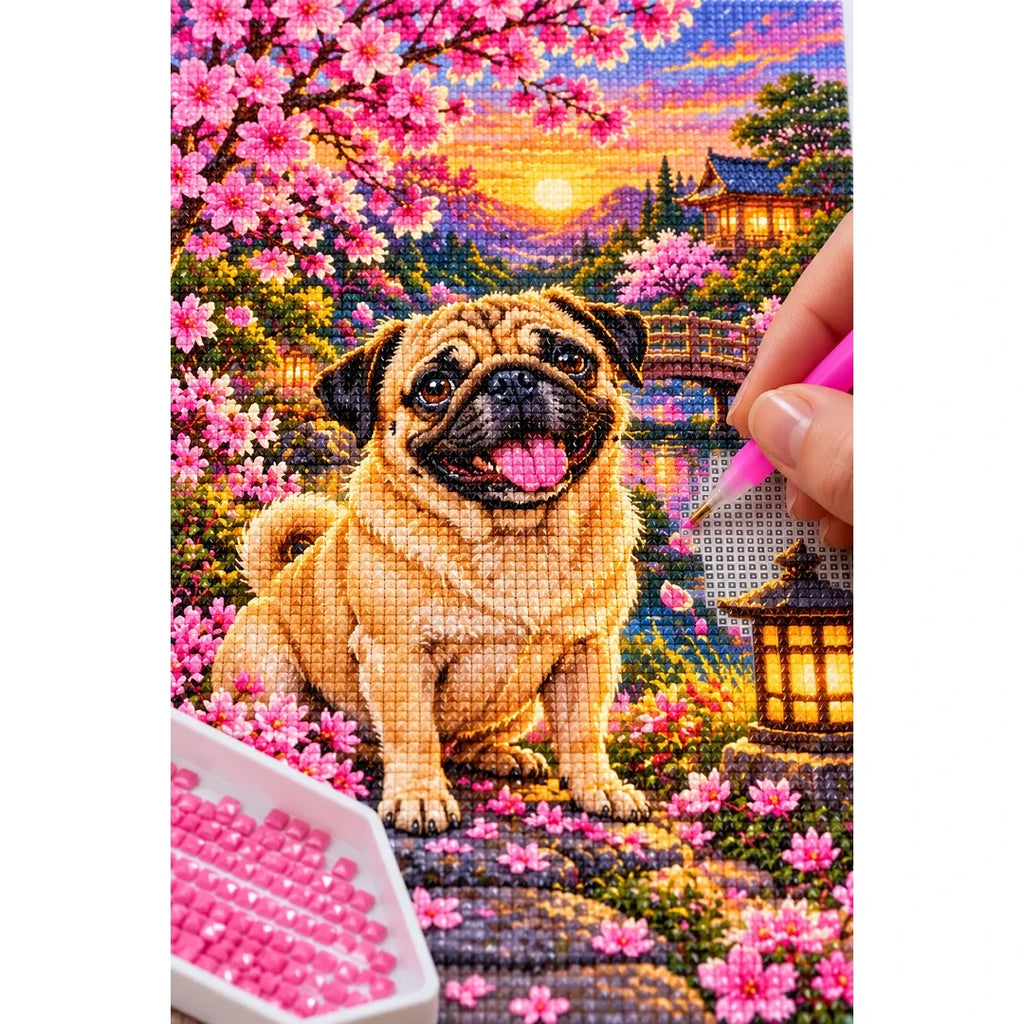Pug Cherry Blossom Lantern Garden Diamond Painting Kit — diamond painting application process