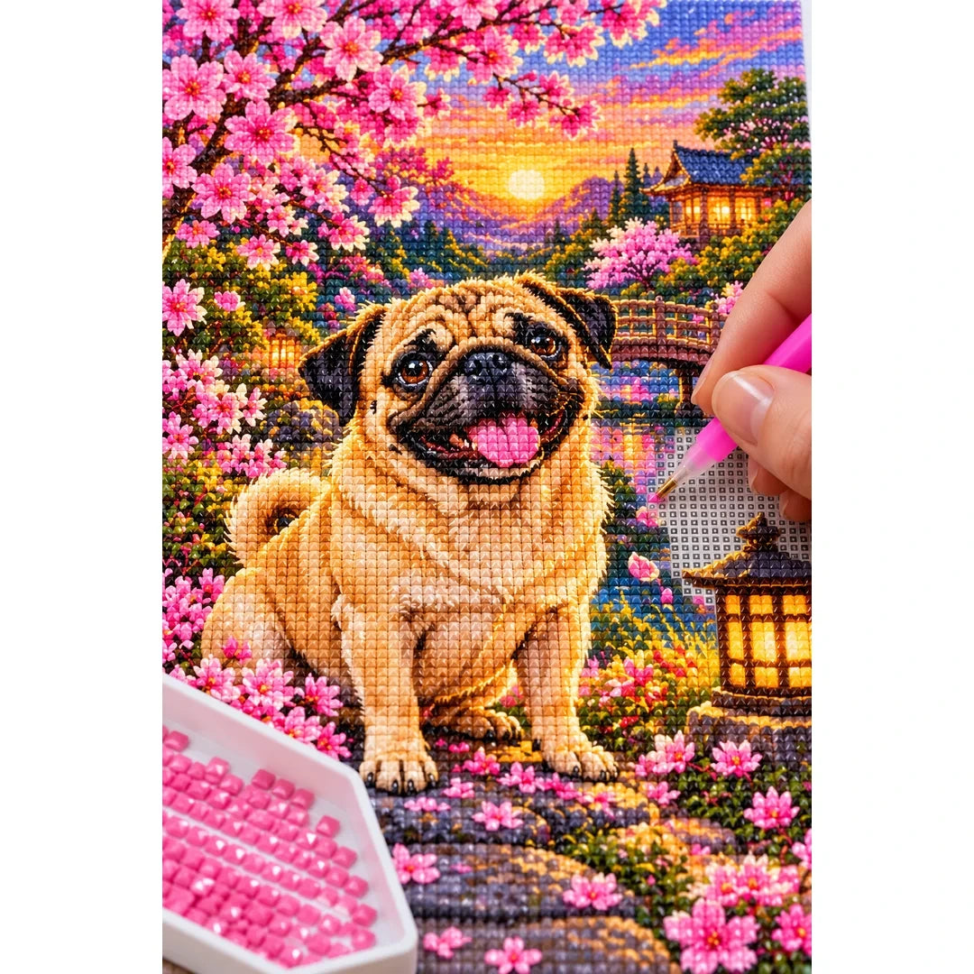 Pug Cherry Blossom Lantern Garden Diamond Painting Kit — diamond painting application process