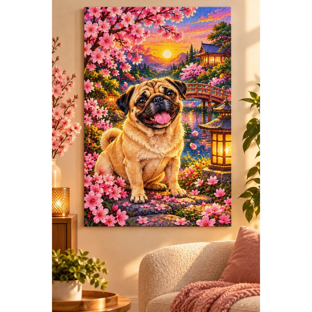 Pug Cherry Blossom Lantern Garden Diamond Painting Kit — finished diamond painting in a home setting